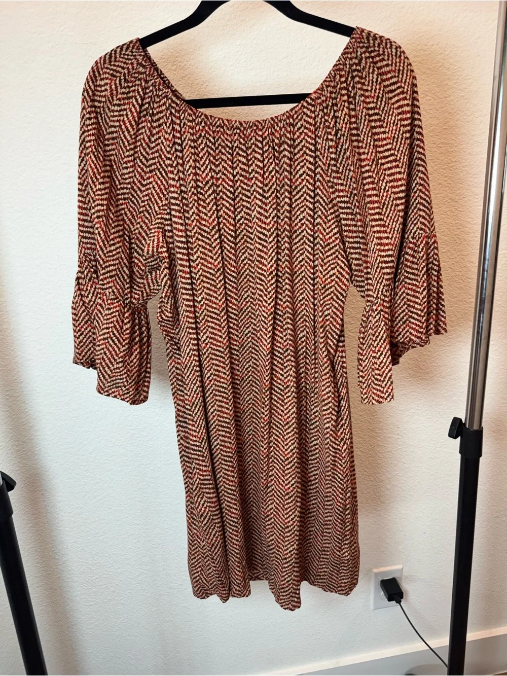 Umgee USA Boho Peasant Dress Medium Red Cream Geometric Print Bell Sleeve